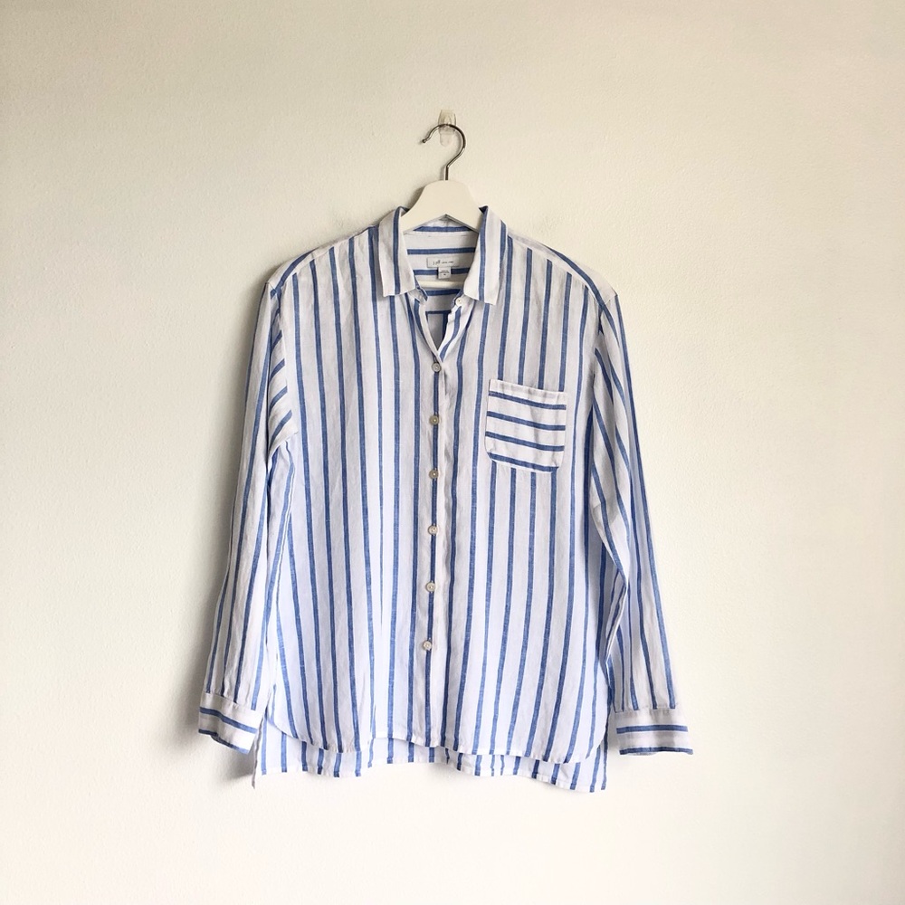 J. Jill Love Linen Blue White Stripe Button Down Shirt Top Size XS Coastal Beach